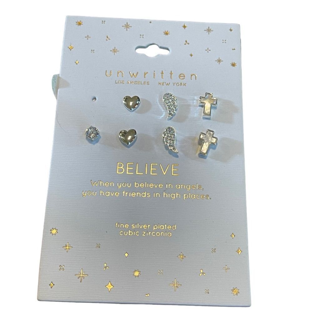 NWT Unwritten fine silver plated cubic zirconia earrings set